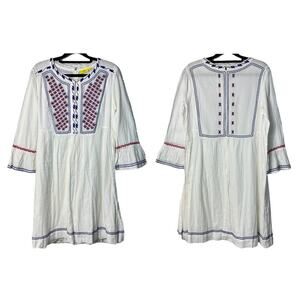 Roller Rabbit Dress Embroidered Cotton Mini Flare 3/4 Sleeve White Blue Pink XS